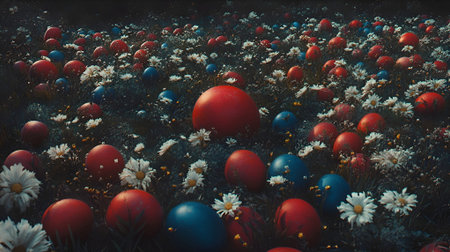 Spring religious holiday. The attributes of Easter are painted eggs. AI generated.の素材