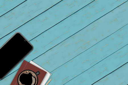 Smartphone with a black screen, top view, against the background of a blue wood countertop. Next to it is a Cup of coffee, a Notepad, a pencil, and a piece of paper... 3D-renderingの写真素材