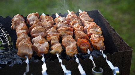 Several juicy meat kebabs cooked on the grill in the barbecue, greens and smoke in the backgroundの写真素材