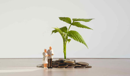 Miniature people: an elderly couple standing by a stack of coins. Retirement planning, saving money and investingの写真素材