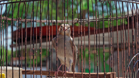 bird in a cage close-up charming playful.Keeping birds in captivity. Poultryの写真素材
