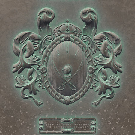 Family coat of arms of a medieval knight, made of iron or copper,medieval heraldic iron coat of arms. 3D-renderingの写真素材