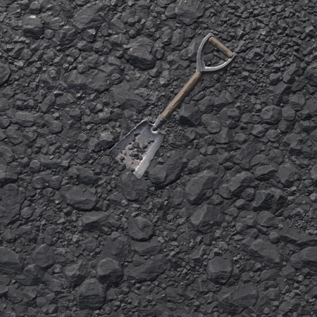 Coal mineral black cube stone background. Coal bunker. Metal shovel with a wooden handle for working with coal. 3D-renderingの写真素材