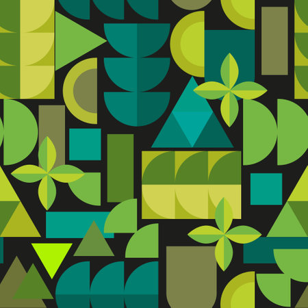 Bright abstract geometric seamless pattern in modern Bauhaus style.Vector illustration for printing on fabrics, paper, covers and posters.Modern fashionable infinite ornament.のイラスト素材