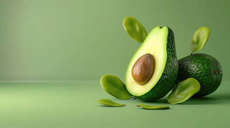 Avocado with leaves and seeds on green background. 3d illustrationの素材
