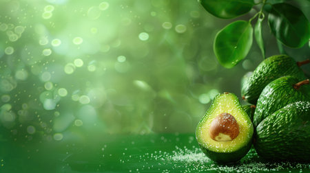 Avocado on a green background. Healthy food concept. Copy space.の素材