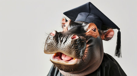 Hippopotamus in academic cap and gown on a white backgroundの素材