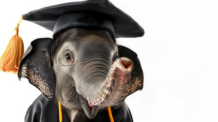 An elephant wearing a black graduation robe and a black mortarboard.の素材
