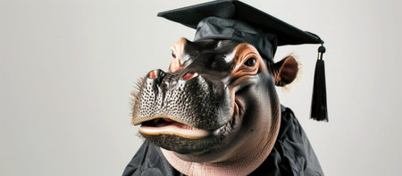 Close-up of a hippopotamus in a cap and gownの素材
