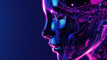 Futuristic 3D profile of human face with glowing neural connections in digital space.Artificial intelligence in the modern world.Free spaceの素材