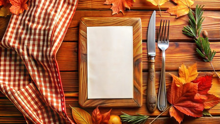 Clipart menu mockup on a wooden table with elegant tableware and minimalistic decor.Blank white menu template for cafes and restaurantsの素材