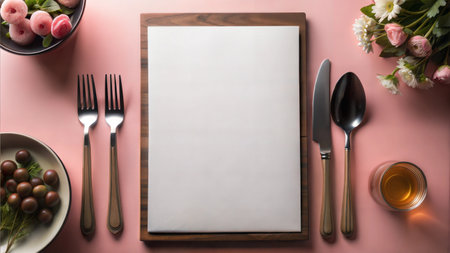Clipart menu mockup on a wooden table with elegant tableware and minimalistic decor.Blank white menu template for cafes and restaurantsの素材