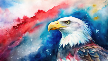 A majestic watercolor painting of a bald eagle with a vibrant red, white, and blue background.の素材