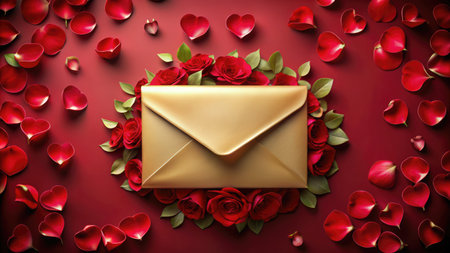 A golden envelope rests on a red surface surrounded by scattered red rose petals, with blurred roses in the background. Romantic, elegant, and suggestive of love or a special occasionの素材