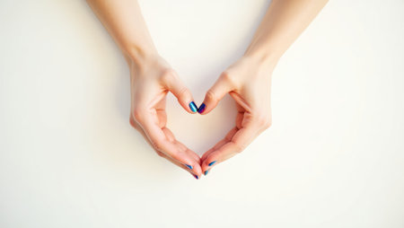 Close-up of delicate hands forming a heart shape, symbolizing love, care, and tenderness in a soft and minimalistic setting.の素材