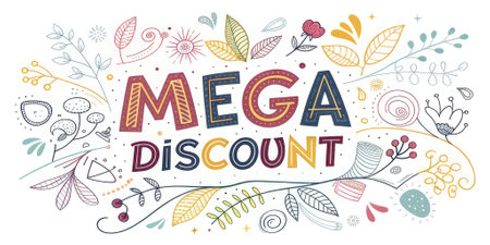 Mega Discount! Floral doodle style. Use for sales, promotions, retail, online ads, spring/summer themes, whimsical designs.の素材