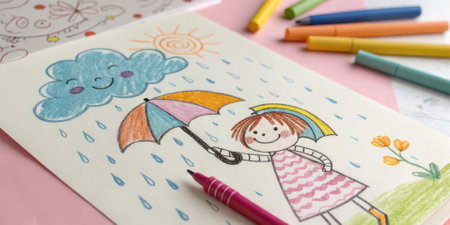 Childrens picture, hand drawn with coloured pencils , depicting a girl on a rainy day. Ideal for art, childrens art and education.の素材