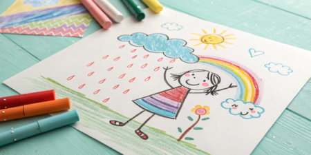 Childrens picture, hand drawn with coloured pencils , depicting a girl on a rainy day. Ideal for art, childrens art and education.の素材