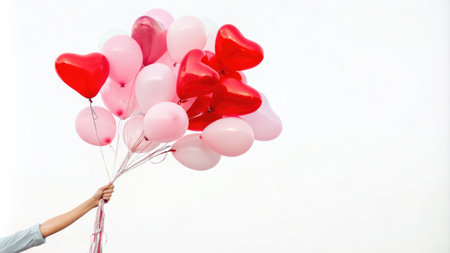 Hand holding a bouquet of red and pink heart-shaped balloons. Use for Valentines Day, romantic themes, celebration graphics, party decorations, love-themed designs.の素材