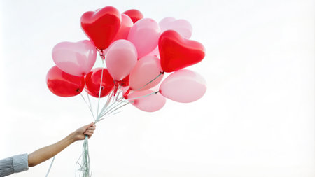 Hand holding a bouquet of red and pink heart-shaped balloons. Use for Valentines Day, romantic themes, celebration graphics, party decorations, love-themed designs.の素材
