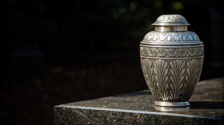 Metal urn on a stone surface. Use for memorial services, funeral home websites, grief support blogs, remembrance concepts, still life photography.の素材