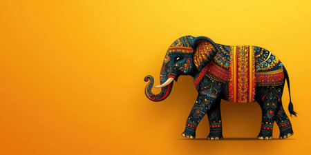 Decorated elephant illustration with colorful patterns on orange background. Use for travel blogs, cultural sites, or festival promotions.の素材