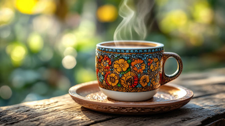 Steaming Turkish coffee in ornate traditional cup on rustic wood. Use for cafes, travel blogs, or cultural websites.の素材