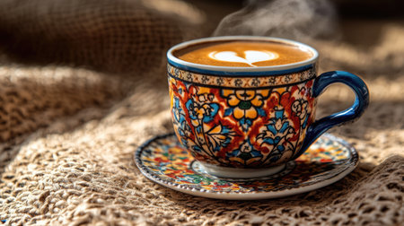 Steaming Turkish coffee in ornate traditional cup on rustic wood. Use for cafes, travel blogs, or cultural websites.の素材