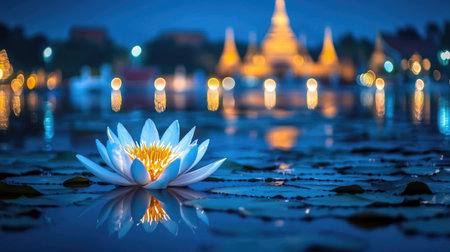 Pink lotus flower blooming on water with blurred golden temple background. Use for travel blogs, spirituality sites, or spa decor.の素材