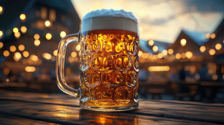 Glass stein of beer on table at outdoor festival at night. Use for Oktoberfest promotions, brewery websites, or beer festival ads.の素材