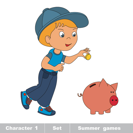 One little baby boy play with coin and piggy bank. Cartoon character playing baby.のイラスト素材