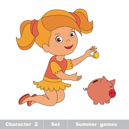 One little baby girl play with coin and piggy bank. Cartoon character playing baby.のイラスト素材
