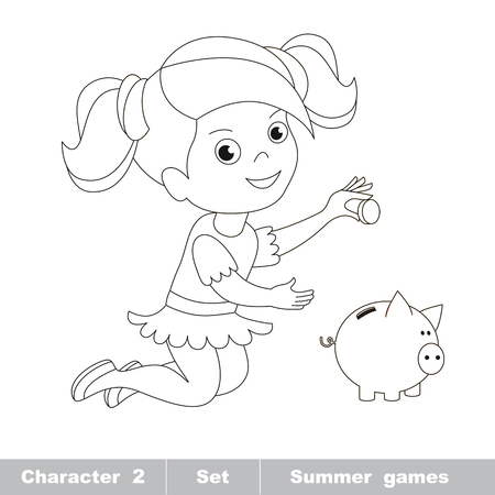 One little baby girl play with coin and piggy bank. Cartoon character playing baby.のイラスト素材