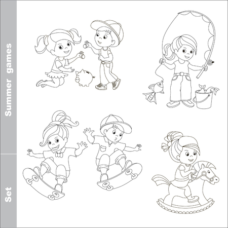 Kid summer games. Page to be color. Boy and girl play with coins and piggy bank. Fisher girl caught the fish. Skateboarding. Boy and girl skating on skateboards. Girl play the rocking toy horse.のイラスト素材
