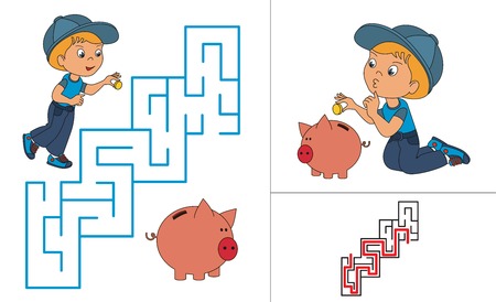 Riddle game. One cartoon baby boy play with pig bank and coin. Maze game for kids. Find correct way. Task and answer.のイラスト素材