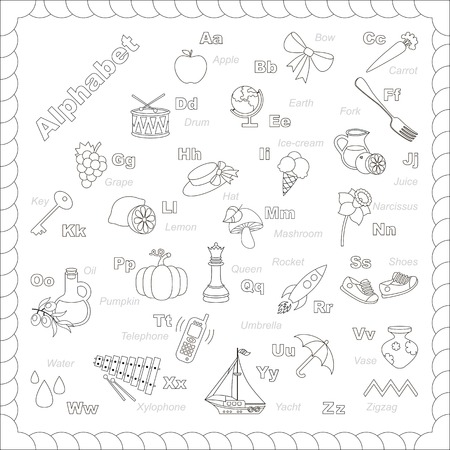 Vector object complete outline alphabet. Cute alphabet in vector objects. Page to be colored.のイラスト素材