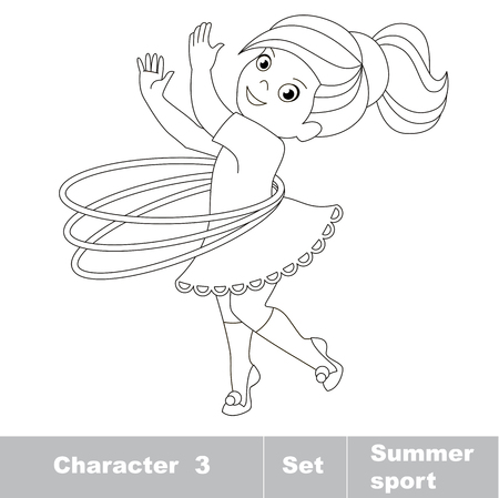 Page to be color. One baby girl turns the Hoop. Summer outdoor games for children. Kids summer sport.のイラスト素材