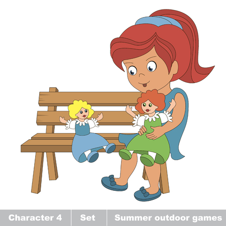 One young red hair girl in blue dress play with her toy doll on the bench. Cartoon character playing baby. Summer outdoor hobby games for children. Kids summer games.のイラスト素材