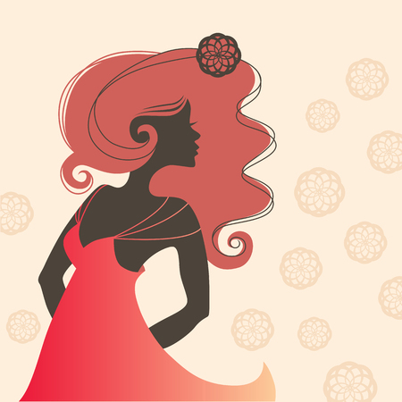 One beautiful woman sideview with long red hair in a summer dress. Black silhouette in profile on a floral background. Red dress with thin straps. Vector fashion illustration.のイラスト素材