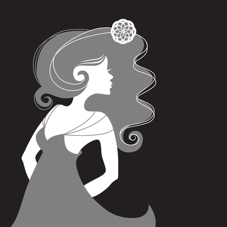 Fashion illustration. Monochrome single woman girl sideview with long hair in a summer dress. Grey and white silhouette face profile on a black background.のイラスト素材