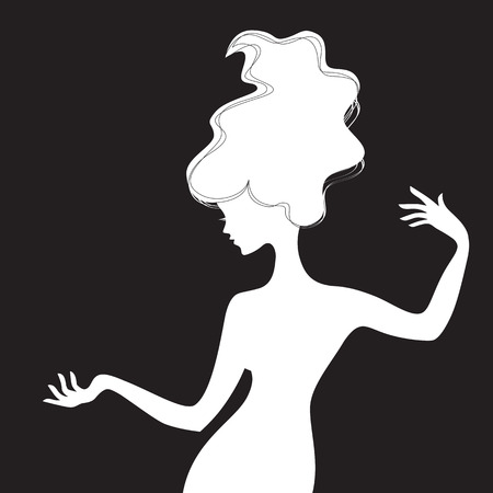 Vector illustration. Monochrome single woman girl sideview with long hair. White silhouette face profile on a black background.のイラスト素材