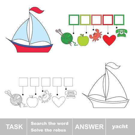 Vector game. Solve the rebus and find the word yacht. Task and answer.のイラスト素材