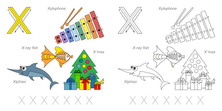 Tracing Worksheet for children. Full english alphabet from A to Z, pictures for letter Xのイラスト素材