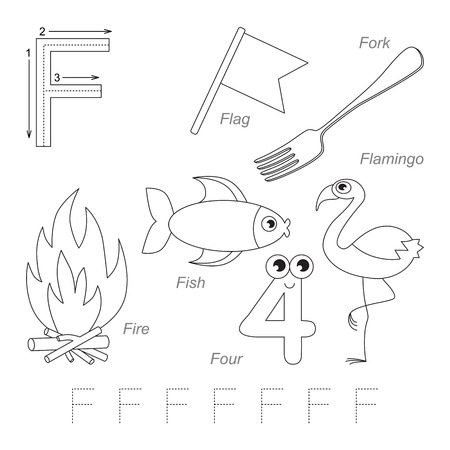 Tracing Worksheet for children. Full english alphabet from A to Z, pictures for letter F, the colorless version.のイラスト素材