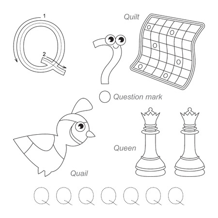Tracing Worksheet for children. Full english alphabet from A to Z, pictures for letter Q, the colorless version.のイラスト素材