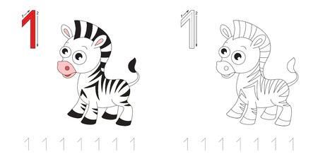 Vector exercise illustrated alphabet. Learn handwriting. Page to be colored. Tracing worksheet for figure Oneのイラスト素材