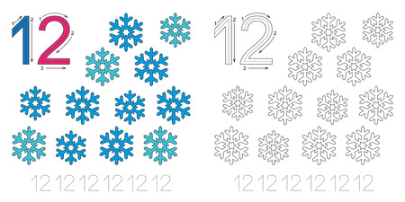 Vector exercise illustrated alphabet. Learn handwriting. Page to be colored. Tracing worksheet for figure Twelveのイラスト素材