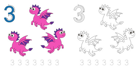 Vector exercise illustrated alphabet. Learn handwriting. Page to be colored. Tracing worksheet for figure Threeのイラスト素材