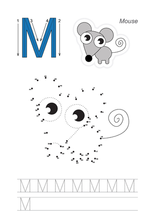 Vector exercise illustrated alphabet. Learn handwriting. Connect dots by numbers. Tracing worksheet for letter Mのイラスト素材