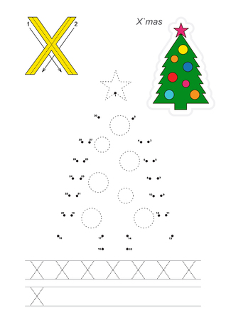 Vector exercise illustrated alphabet. Learn handwriting. Connect dots by numbers. Tracing worksheet for letter Xのイラスト素材